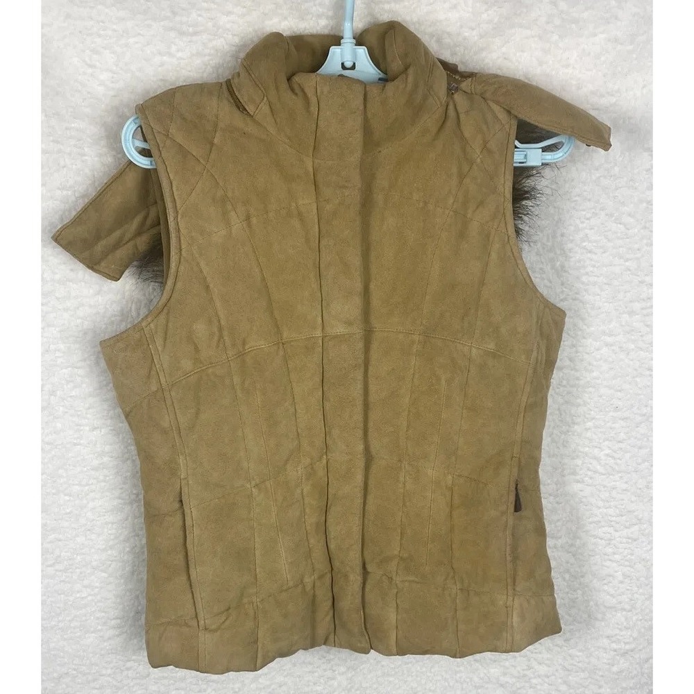 Eddie Bauer Goose Down Leather Vest Women's Sz Small Faux Fur Zip Remove Hood